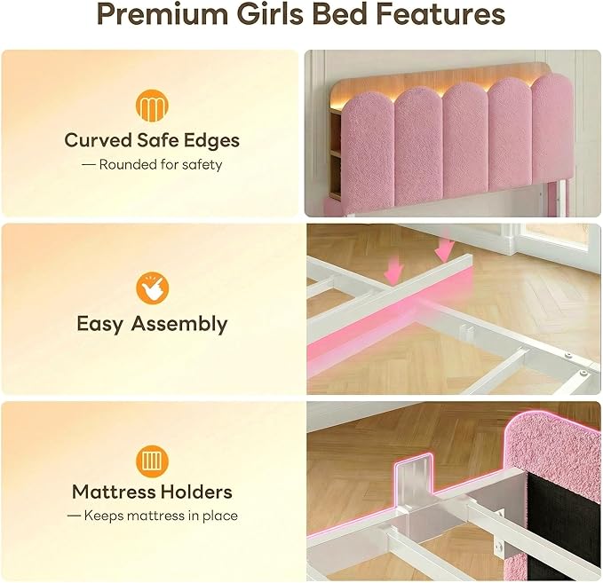 LIKIMIO Twin Bed Frame with 2 DIY Storage Drawers, Bouclé Headboard with Charging Station and LED Lights, Sturdy and Stable, No Box Spring Required, Easy Assembly, Pink