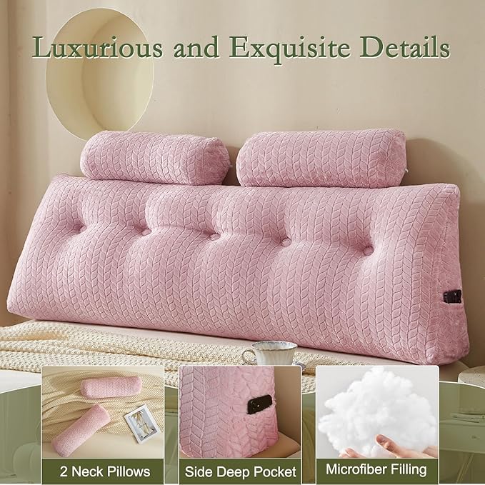 YOUR MOON Wedge Headboard Pillow Queen Size, Triangular Wedge Backrest Pillow with 1 Pack Neck Roll Pillows, Headboard Pillow for Bed,Daybed,and Lounging, Large Bed Bolster Pillows,Pink