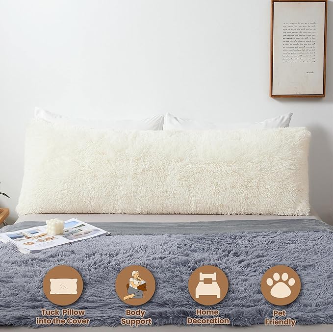 MEGO Fluffy Body Pillow Cover, 20x54 Shaggy Faux Fur Body Pillow Case, Ivory Comfy Plush Fuzzy Body Pillowcase, Furry Long Throw Bed Pillow Cover with Zipper for Adults Women Side Sleeper Cream Beige