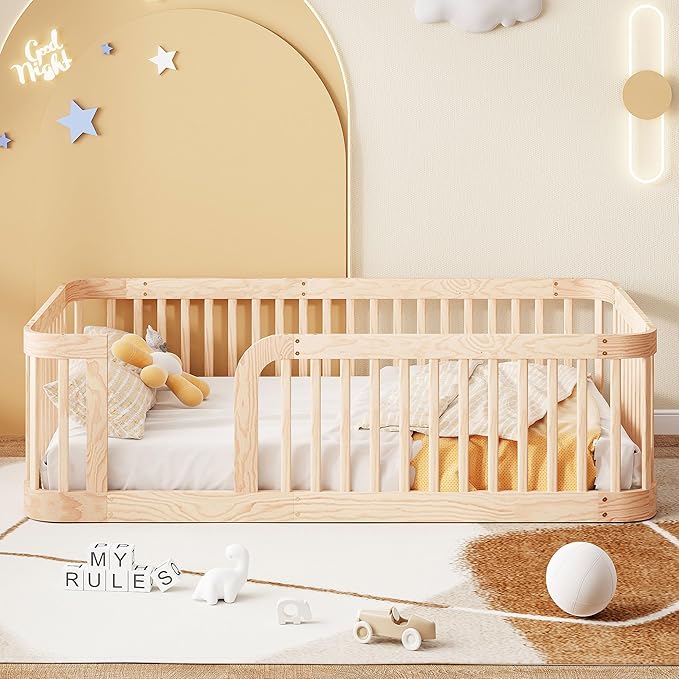 Bellemave Twin Floor Bed with High Fence and Rounded Corner Design, Twin Size Montessori Bed with Safety Guardrails, Easy Assemble Montessori Beds Frame for Girls, Boys, Natural