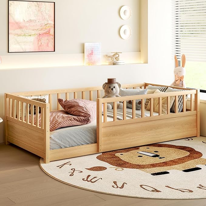 Bellemave Twin Size Floor Bed with High Fence, Wood Montessori Bed with Slats and Guardrails, Montessori Floor Beds Frame for Kids, Girls, Boys, Natural