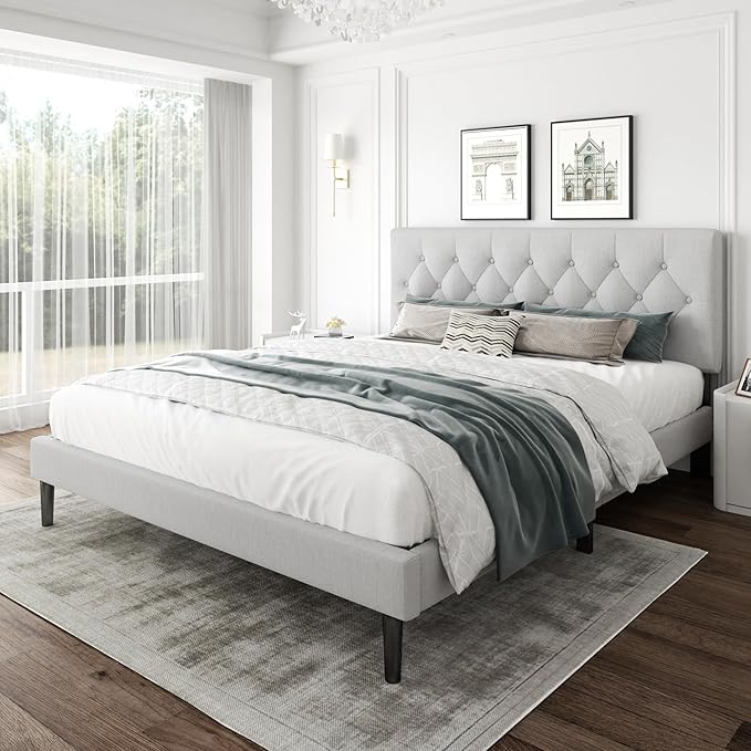 CXVX King Size Platform Bed Frame with Upholstered Headboard, Button Tufted Design, Strong Wooden Slats, No Box Spring Needed, Easy Assembly, Noise Free