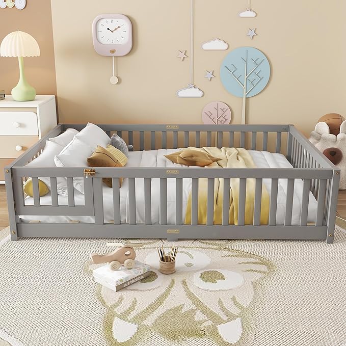 Bellemave Full Size Floor Bed with Slats and Safety Guardrail, Full Size Montessori Floor Bed with Fence and Door, Easy Assemble Montessori Beds for Kids, Girls, Boys, Gray