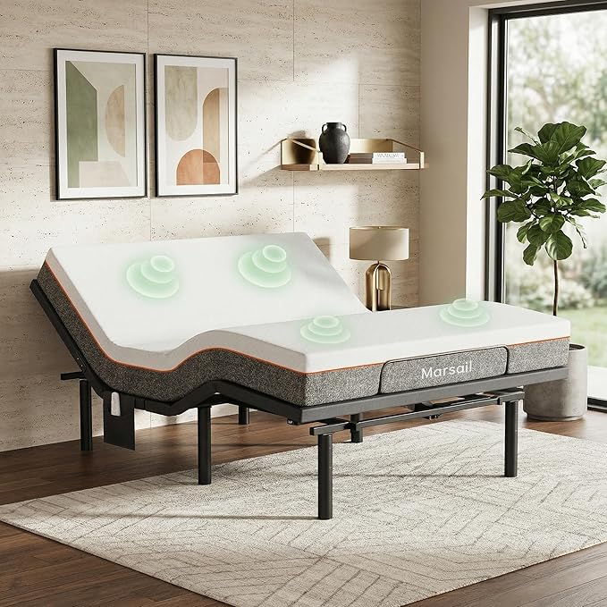 Marsail MS01-1 Queen Adjustable Bed Frame with Massage + 8-inch Gel Memory Foam Mattress, Adjustable Bed Base with Under-Bed Nightlight, Wireless Control Massage Adjustable Bed, Queen