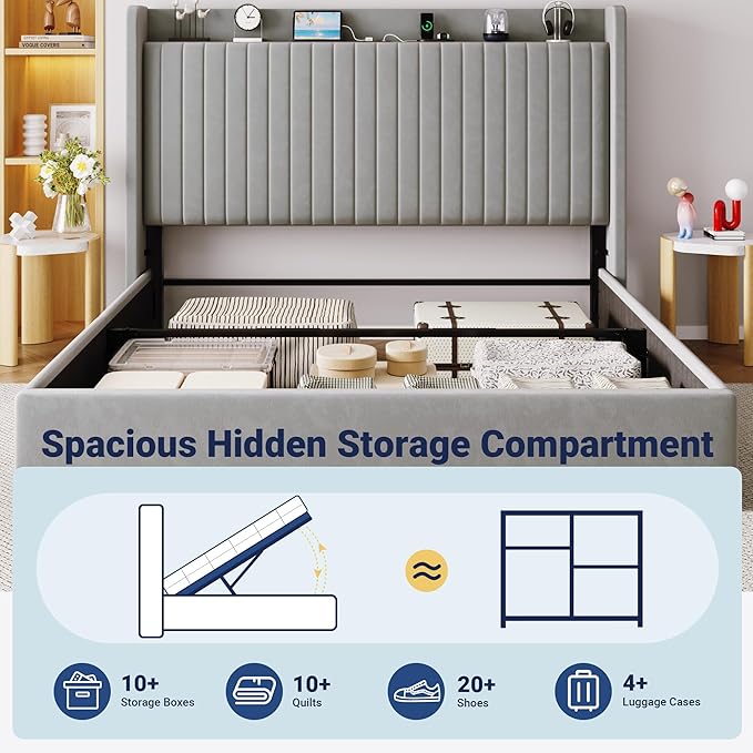 Allewie King Size Lift Up Storage Bed Frame,Storage Shelf Headboard with Charging Station,Type-C and USB Ports,Hydraulic Support,Velvet Upholstered Bed Frame,No Box Spring Needed,Grey