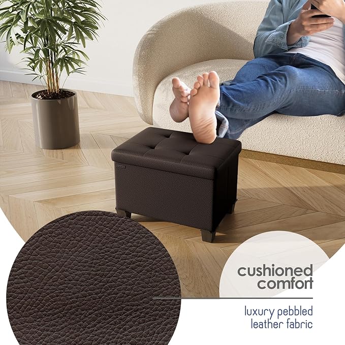 Storage Ottoman Cube with Small Bin, 16-in Square Ottoman with Storage for Living Room and Bedroom, Small Ottomans Foot Rest, Leather Foot Stools Ottomans Max 330lbs, Brown