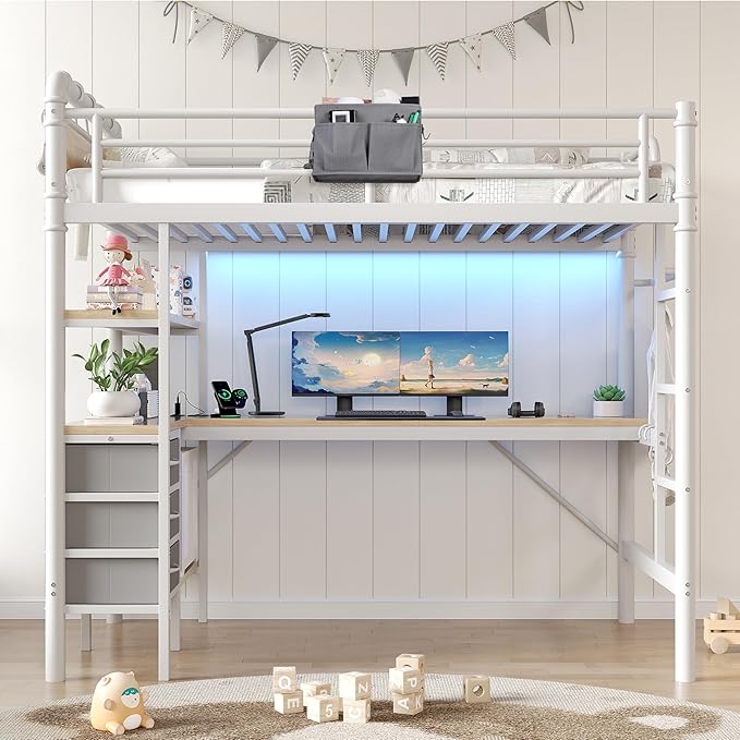 Jocoevol Twin Size Loft Bed with L-Shaped Desk, LED Lights,Charging Station, Industrial Heavy Duty Metal Loft Bed Frame with 3 Storage Shelves and 3 Fabric Drawers, Safety Guard & Ladder, White