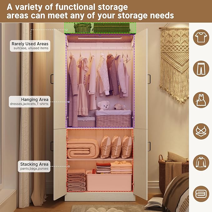 Hlivelood 75" Tall Farmhouse 2 Doors Armoire Wardrobe Closet with LED,Freestanding Closet Wardrobe Cabinet for Bedroom with Hanging Rod,Wooden Armoire Storage Cabinet Adjustable(Rustic Off White)