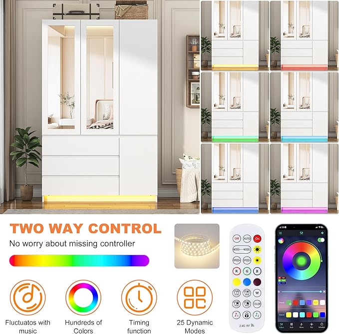 3 Doors Armoire Wooden Wardrobe Closet with 3 Drawers & 2 Mirror, 75"H Clothing Storage Cabinet with Hanging Rod,Modern Bedroom Large Freestanding Armoires with Led Lights for Bedroom,White