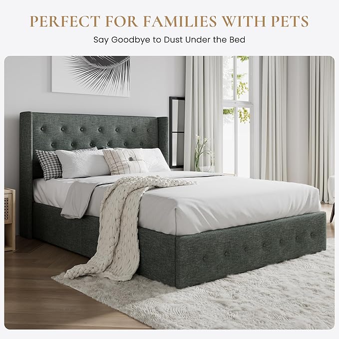 SHA CERLIN King Size Lift Up Storage Bed Frame,Button Tufted Wingback Headboard,Upholstered Platform,Hydraulic Storage,Wooden Slat Support,No Box Spring,Dark Grey