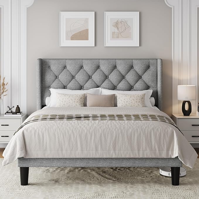 Einhomn Queen Size Platform Bed Frame with Fabric Upholstered Wingback Headboard, 9" Under Bed Space, Wooden & Metal Slats Support, No Box Spring Needed, Light Gray