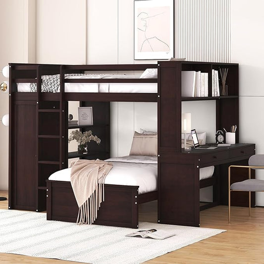 Full Size Loft Bed with Platform Down Bed, Wardrobe, Desk and Shelves, Space Saving Furniture Bed Frames, Espresso