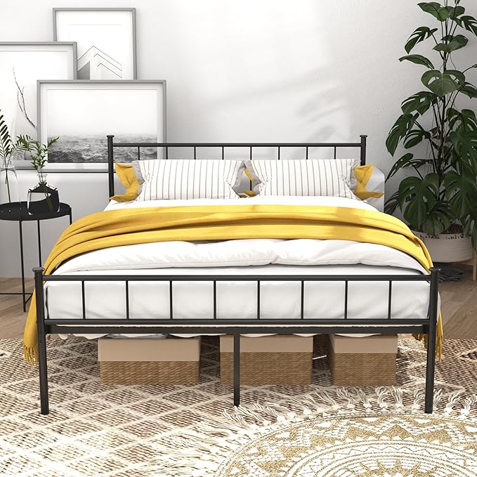 Queen Metal Platform Bed Frame, Victorian Vintage Style, Wrought Iron Headboard, Steel Slats, No Box Spring Needed (Black, Queen)