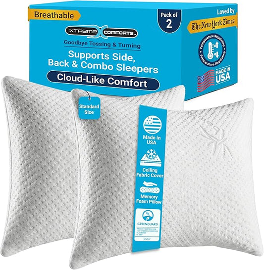 Xtreme Comforts GREENGUARD Certified Standard Bed Memory Foam Pillows (2 Pack) | Slim Cooling Pillow for Sleeping on Side, Back & Stomach - Firm and Soft Bed Pillows - USA Made