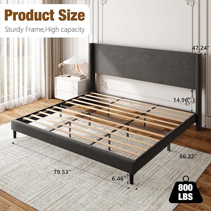 Sismplly King Bed Frame with Wingback Headboard, Velvet Upholstered Platform Bed with Wooden Slats, 6.46“ Under Bed Storage, Metal Support, Noise Free, No Box Spring Needed, Gray