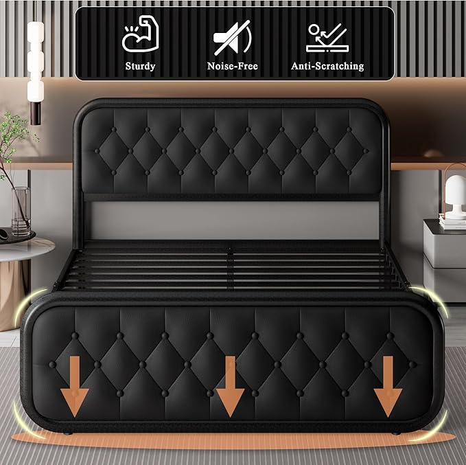 Feonase Queen Size Bed Frame, Heavy Duty Bed Frame with Faux Leather Headboard, Upholstered Platform Bed with Strong Metal Slats, 12" Under-Bed Storage, Noise-Free, Easy Assembly, Black