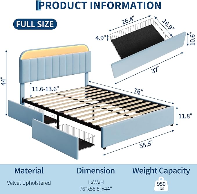 GarveeHome Full Bed Frame with Storage Headboard, Kids Bed Frame with 2 Drawers, Velvet Upholstered Platform Bed Frame with Lights, No Box Spring Needed, Easy Assembly, Velvet Blue