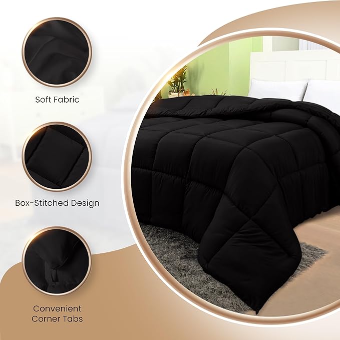 Utopia Bedding Comforters Twin Size, All Season Duvet Insert, Down Alternative Box Stitched Bed Comforter with Corner Tabs, Machine Washable (Black)