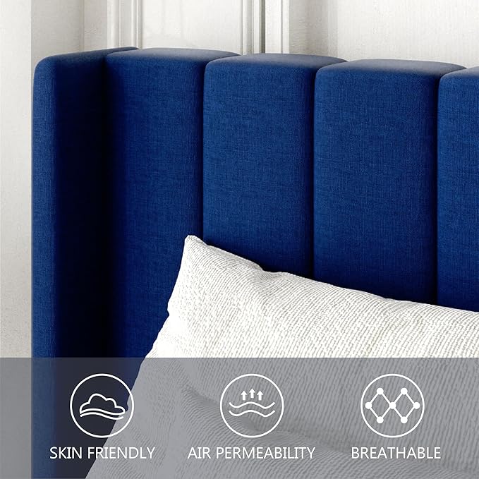Gruwans King Size Bed Frame with Upholstered Wingback Headboard, Easy Assemnly Platform Bed, Wooden Slat Support No Box Spring Needed, Navy Blue