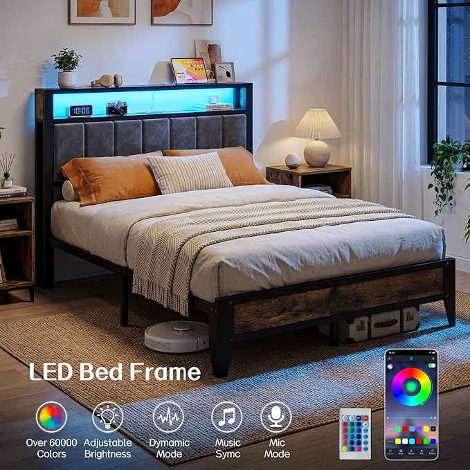 OLEVS Full Bed Frame with Headboard, Metal Platform Bed Full Size with 2-Tier Storage, LED Light & Charging Station Type C, No Box Spring Needed