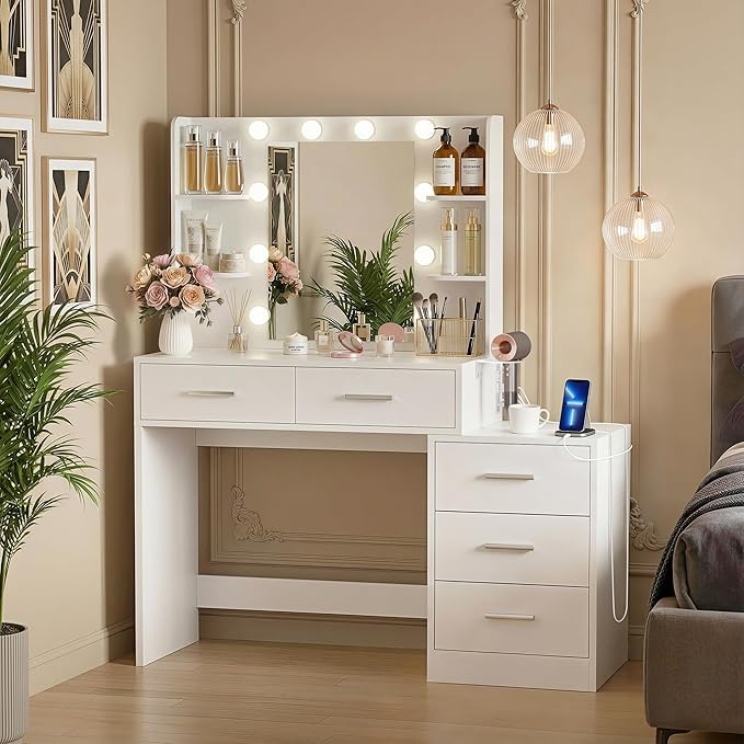 YESHOMY Makeup Vanity Desk with Mirror & Lights, Vanity Table with 5 Drawer, 6 Shelves, Charging Station for Bedroom, Dressing Room, Milk White