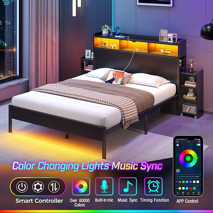 Rolanstar Bed Frame Queen Size with Bookcase Storage Headboard, Slide Out Bedside Storage, Bed with Charging Station & LED Lights, Heavy Duty Metal Slats, No Box Spring Needed, Noise Free, Black