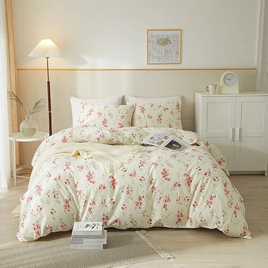 mixinni Boho Red Floral Girl Duvet Cover Set, Soft Cotton King Size 3-Piece Aesthetic Floral Bedding Set, 1 Chic Flower Leaf Pattern Duvet Cover and 2 Pillowcases for All Seasons-King Size