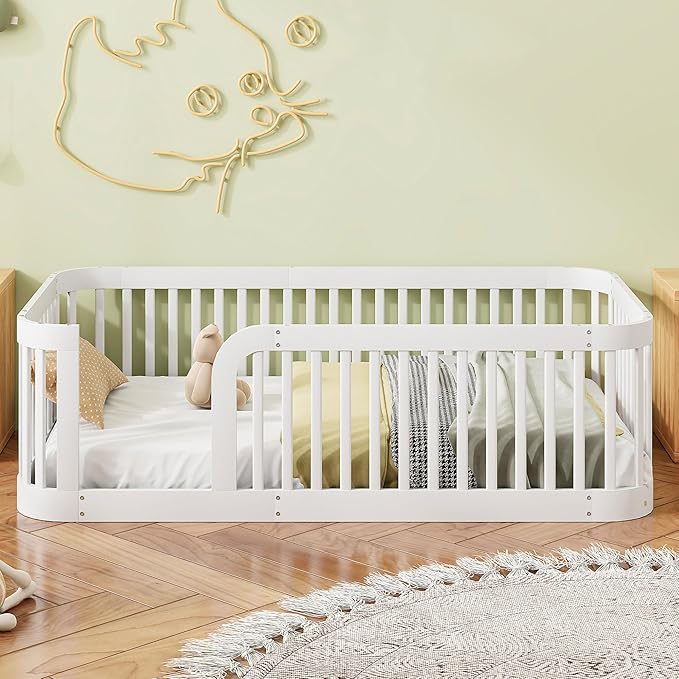 Bellemave Twin Floor Bed with High Fence and Rounded Corner Design, Twin Size Montessori Floor Bed with Entrance, Easy Assemble Montessori Bed Frame, White