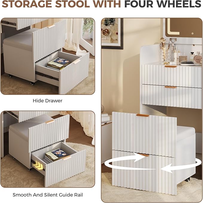 Garvee 3 in 1 Vanity Desk with 3 Drawers and Rolling Stool, Compact Vanity with Flip Top Mirror and Lights, Modern Small Makeup Vanity Table with Charging