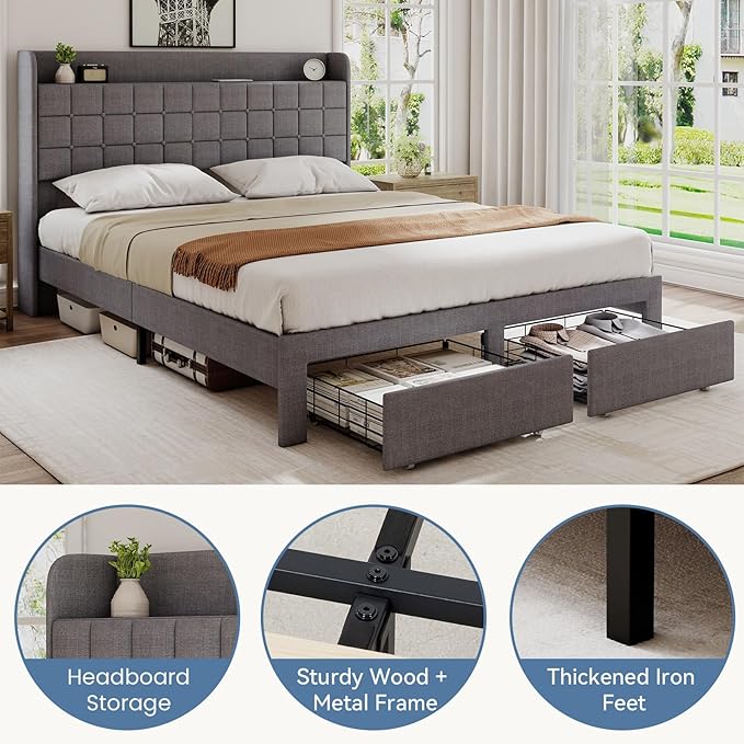 DUMOS Queen Size Upholstered Platform Bed Frame, Queen Bed with Storage Drawers and Fabric Headboard, Wooden Slats Support, 882 lbs Weight Capacity, No Box Spring Needed, Easy Assembly, Gray