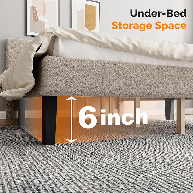 VINGLI Queen Bed Frame with Headboard, Upholstered Boucle Bed Frame,Cozy Low Profile Platform Bed with Wooden Slats and Fabric Adjustable Headboard, Mattress Foundation, Cream, Noise Free,Beige
