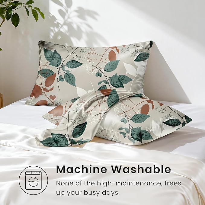 EXQ Home Satin Pillowcase for Hair and Skin - Printed Green Leaves Silk Pillowcase 2 Pack 20x26 inches - Standard Satin Pillow Cases with Envelope Closure, Gifts for Women Men