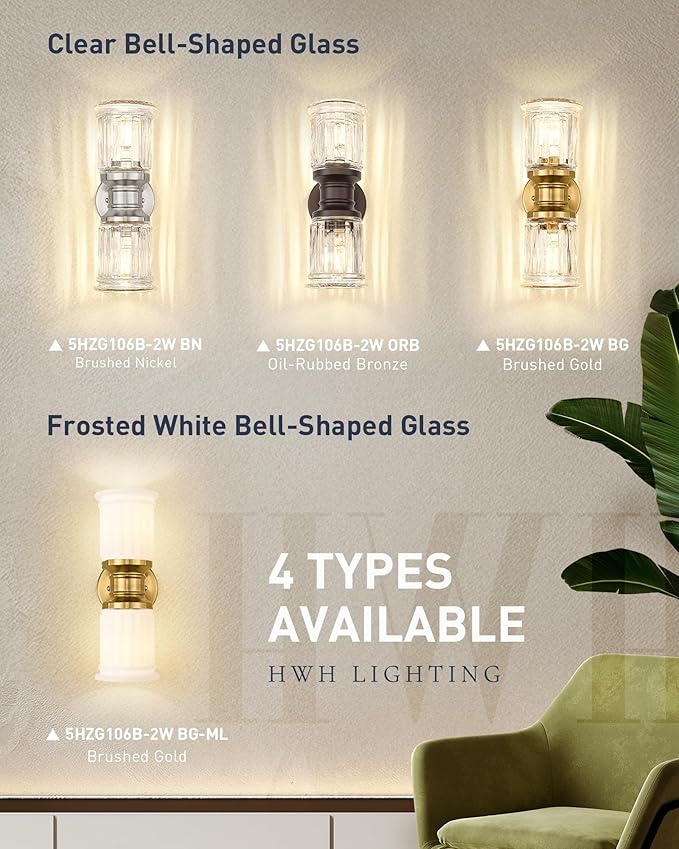 Rustic Wall Sconces, HWH Farmhouse Sconce Wall Lighting in Oil-Rubbed Bronze Finish, 2-Light Indoor Up Down Wall Light for Bathroom, Bell-Shaped Clear Glass, 5HZG106B-2W ORB