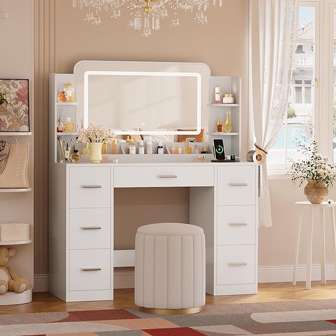 YESHOMY 43.3''Vanity Desk with LED Mirror & Power Outlet, 7 Drawer Makeup Vanity with Side Shelves, Lighted Dressing Table for Bedroom(White