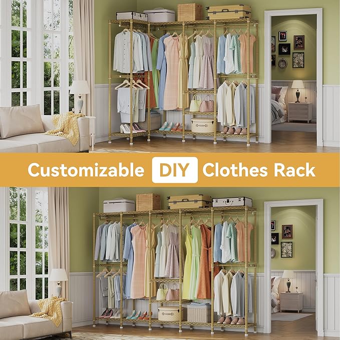 Higeego H5 Large Wire Garment Rack, Heavy Duty Clothes Racks, Wardrobe Closet Rack for Hanging Clothes, Freestanding Clothing Racks with Adjustable Shelf, 93.3" Wx15.7 Dx75.4 H, Gold, Load 1400 lbs