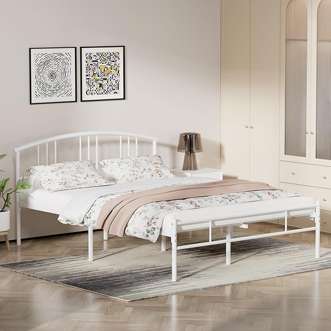 VECELO 14 inch Queen Bed Frame White Beds Metal Platform Mattress Foundation with headboard Footboard Steel Slat Support/No Box Spring Needed/Easy Assembly