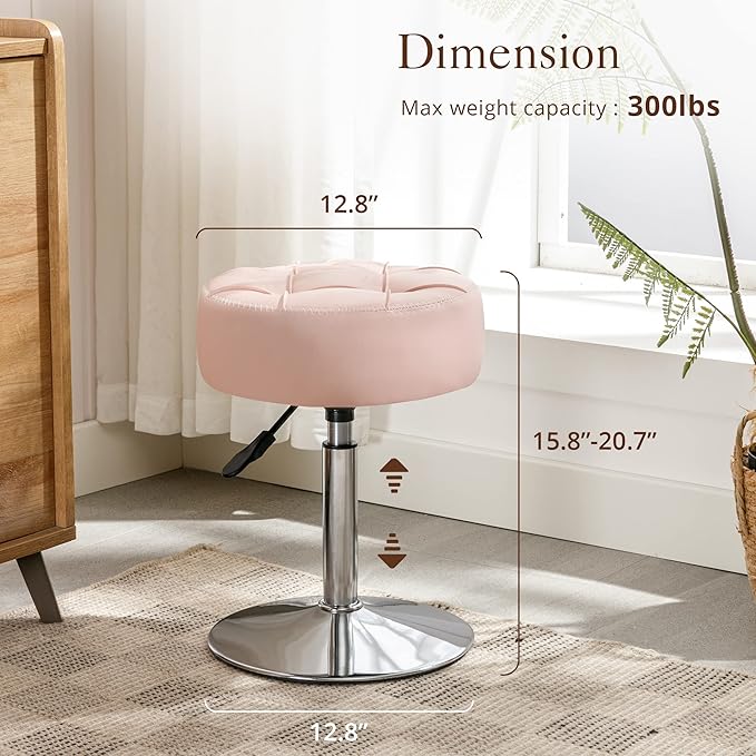 LUE BONA Adjustable Vanity Stool, 360°Swivel Vanity Chair for Makeup Room, Pink Stool Chair for Vanity, Small Faux Leather Vanity Stools for Bathroom, Living Room