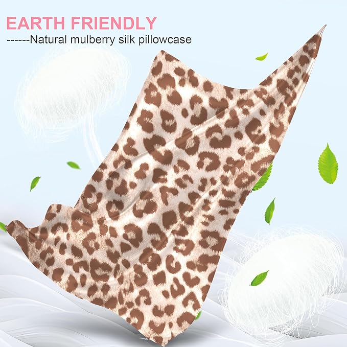 Silk Pillow Cases 2 Pack Standard Size with Hidden Zipper, Mulberry Silk Pillowcase for Hair and Skin, Smooth and Soft Breathable Cooling Silk Satin Pillowcase Set of 2, Gifts for Women，Leopard Beige
