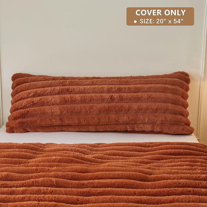 MEGO Fluffy Faux Rabbit Fur Body Pillow Cover, Soft Comfy Furry Striped 20x54 Bed Body Pillowcase, Plush Fuzzy Ribbed Bedroom Long Pillow Case with Zipper for Adults Kids Girls Teens, Burnt Orange
