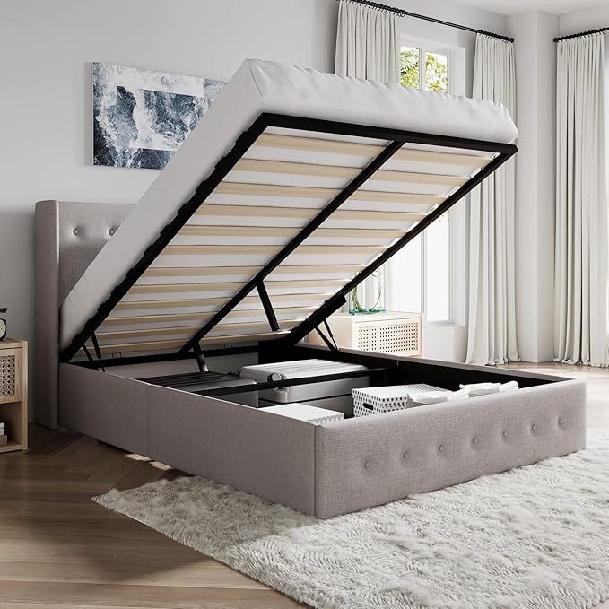 SHA CERLIN Full Size Lift Up Storage Bed Frame,Button Tufted Wingback Headboard,Upholstered Platform,Hydraulic Storage,Wooden Slat Support,No Box Spring,Light Beige