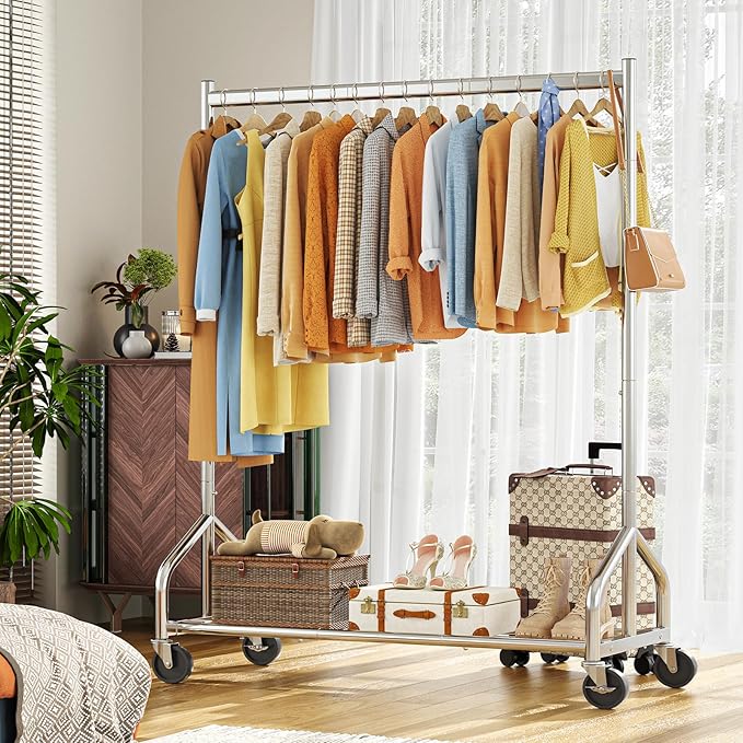 Simple Trending Heavy Duty Clothes Rack Load 420 LBS, Rolling Clothing Racks for Hanging Clothes, Metal Garment Rack with Wheels, Bedroom, Laundry Room, Silver