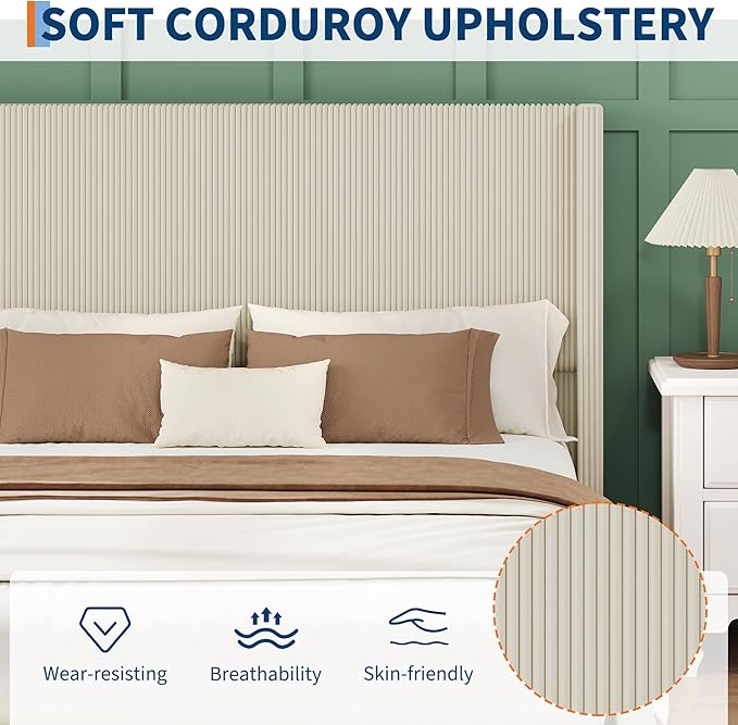 IDEALHOUSE King Size Bed Frame with Storage Drawers, Corduroy Upholstered Platform Bedframe with Wingback, Headboard and Footboard, No Box Spring Needed, Beige