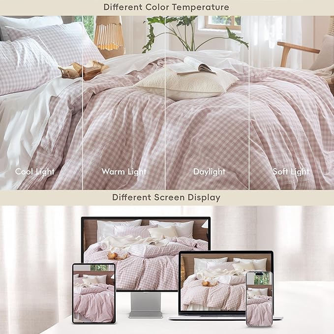 MooMee Gingham Duvet Cover Set 100% Washed Cotton Linen Like Textured Breathable Durable Soft Comfy Modern Checkered Design (Classic Gingham Greyish Pink, King 104"x90")