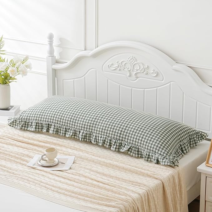 Green/White Plaid Ruffled Body Pillow Sham Washed Cotton Shabby Checkered Gingham Pillow Cover 20"x54"