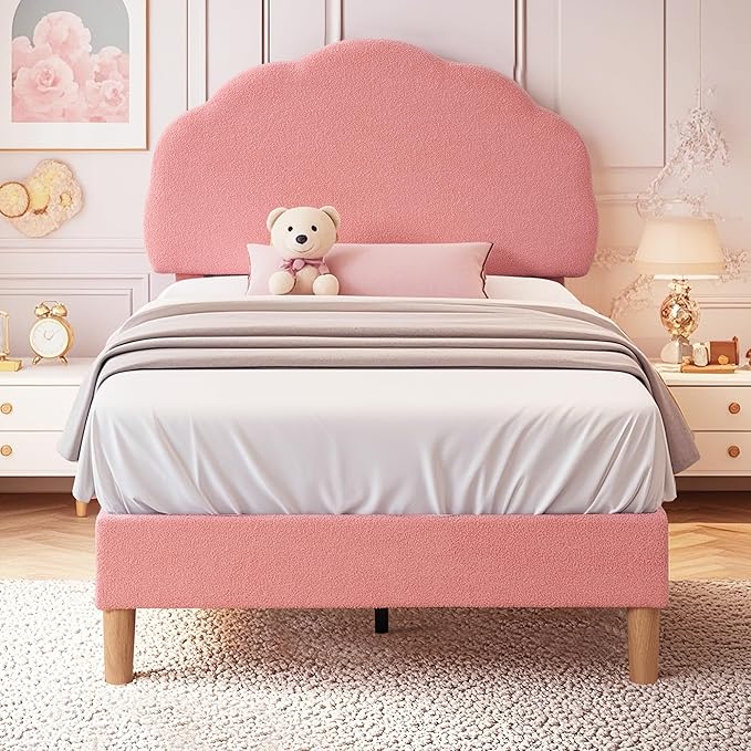 VECELO Twin Size Bed Frame, Upholstered Platform Bedframe with Height Adjustable Plush Fabric Headboard, Strong Wood Slat Supports, No Box Spring Needed, Pink