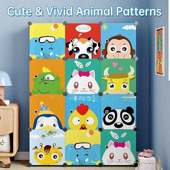 MAGINELS Kids Closet Organizers and Storage, 12 Cube Storage Organizer, Portable Closet Organizer Cubes Shelves for Clothes, Bedroom, Kids Room, Bathroom, Wardrobe, Garment Racks,Cube(14x14inch)