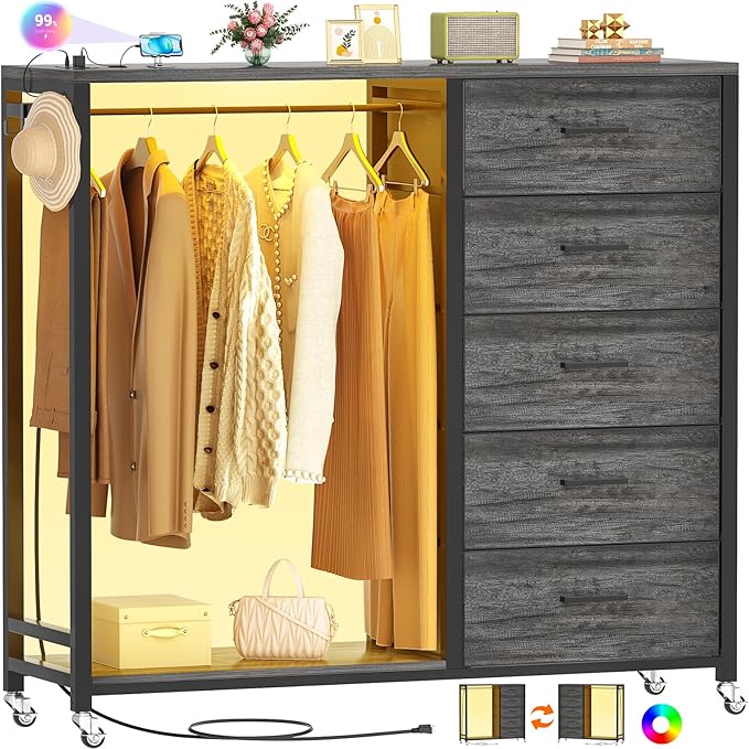 Cyclysio Dresser with Hanging Rack, 5 Fabric Drawers Dresser with Clothes Rack, Wooden Top Storage Chest of Drawers with Charging Station & LED Lights, Lockable Wheels