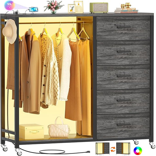Cyclysio Dresser with Hanging Rack, 5 Fabric Drawers Dresser with Clothes Rack, Wooden Top Storage Chest of Drawers with Charging Station & LED Lights, Lockable Wheels