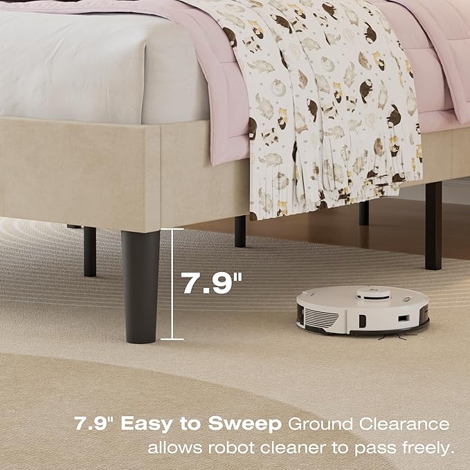 VECELO Twin Size Bed Frame with Upholstered Headboard, Heavy-Duty Bedframe with Wooden Slats & Steel Framework, Easy Assembly, Pale Beige