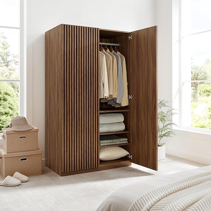 Modway Render Mid Century Modern Wardrobe Armoire Closet in Walnut w/Vertical Slatted Doors - 71Inch Freestanding Closet w/Adjustable Shelves & Hanging Rods - Tall Bedroom Storage Cabinet